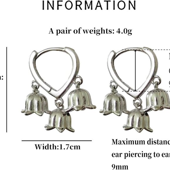 Sterling Silver Hoop Earrings Small Dangle Lily of the Valley Trendy Jewelry - Picture 2 of 6